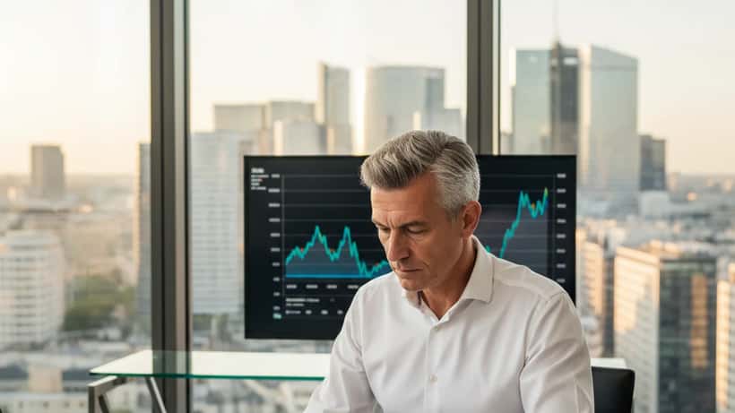 Conseiller en gestion de patrimoine analysant des documents d'investissement liés à l'industrie de défense dans un bureau parisien