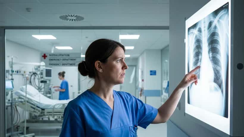 Médecin urgentiste examinant une radiographie pulmonaire dans un hôpital suisse