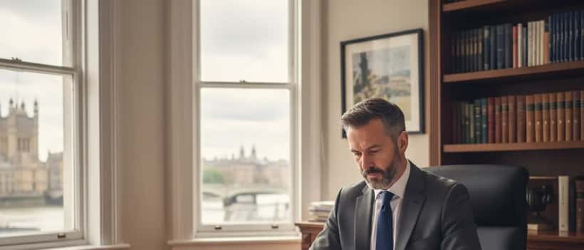 British solicitor reviewing regulatory compliance documents in professional office