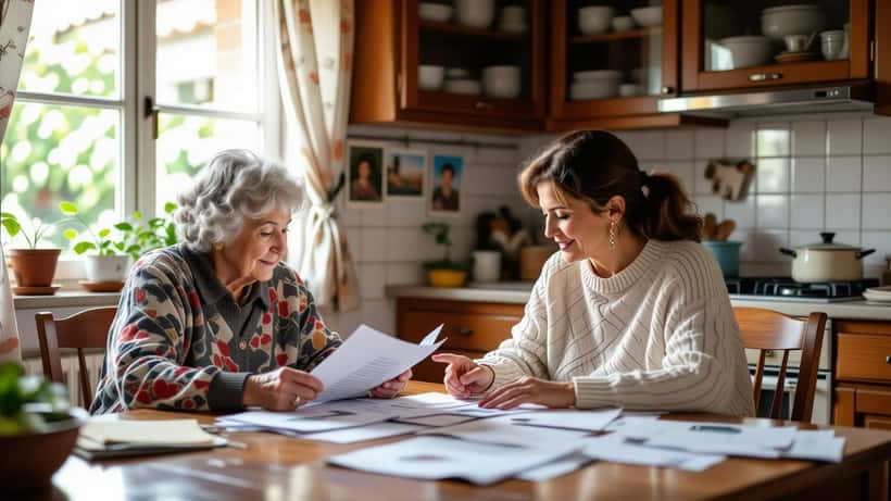 Idosa portuguesa a rever documentos legais em casa com a filha, à luz natural