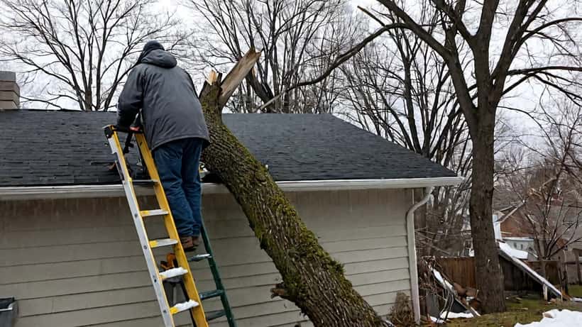 Propriétaire inspectant les dégâts sur le toit de sa maison après une tempête de vent au Québec