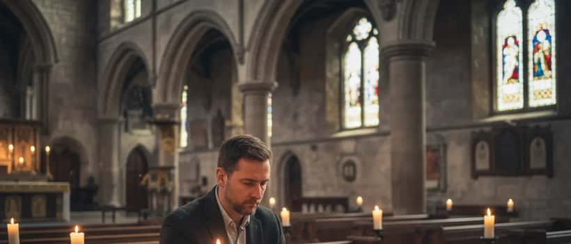 Man sitting contemplatively in a church, warm candlelight, reflection and recovery