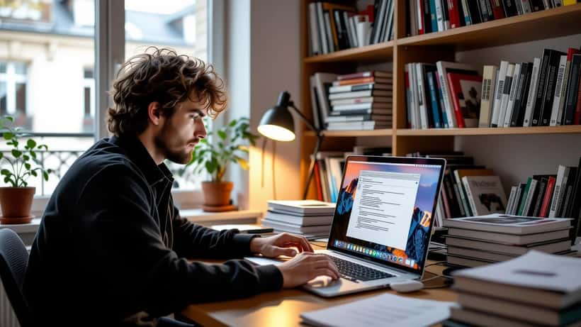 Jeune homme regardant une notification de violation de droits d'auteur sur son écran, mangas sur l'étagère derrière lui