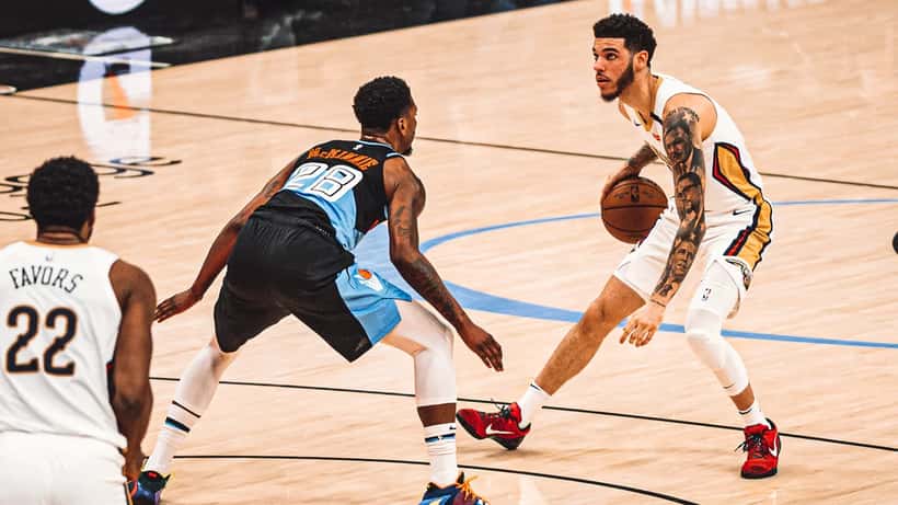 Lonzo Ball playing basketball, representing his NBA career cut short by knee injuries