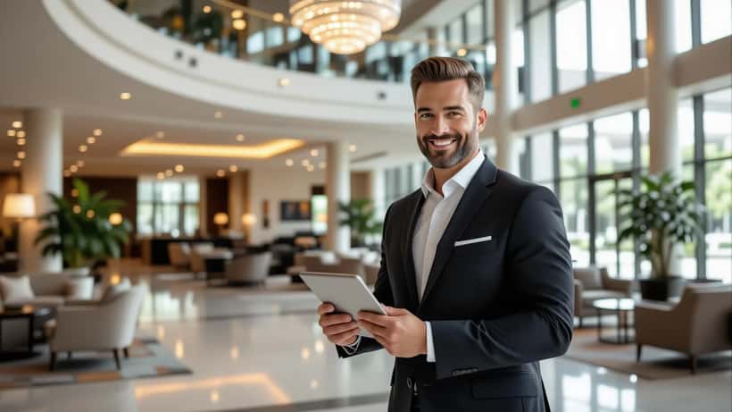 Consulente di sicurezza in hotel durante una verifica del piano di emergenza