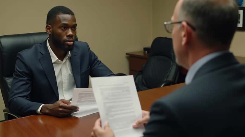 Young athlete reviewing contract documents with attorney in professional law office