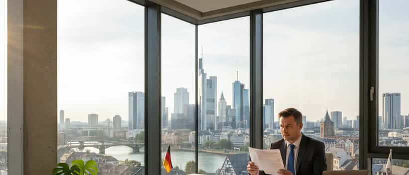 Deutscher Arbeitnehmer prüft Arbeitsvertrag am Schreibtisch