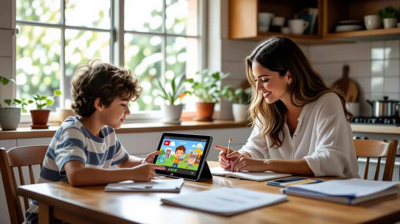Criança brasileira estudando com tablet e professor particular apontando para tela em casa