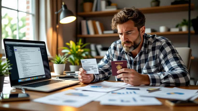 Worried man holding his driver's license and passport beside a laptop showing a data-breach alert