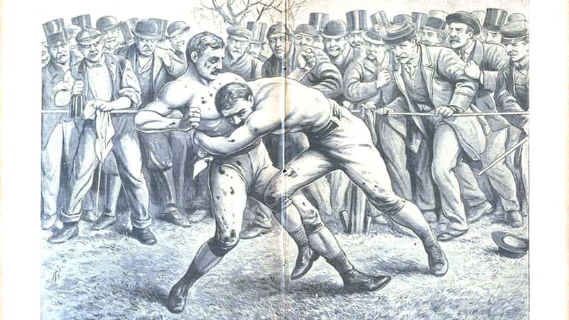 Historical bare knuckle boxing championship fight, two fighters competing without gloves
