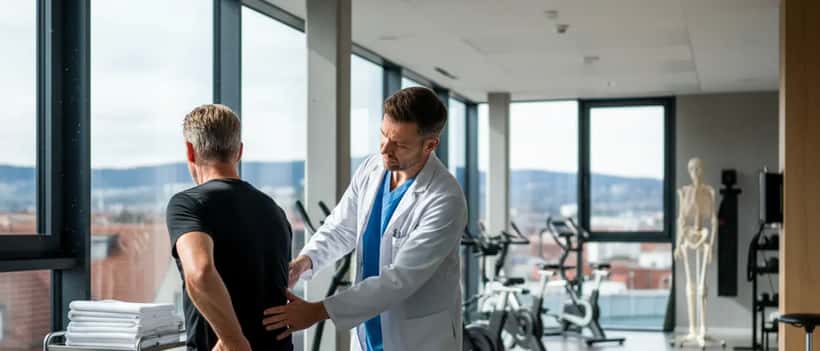 Mann beim Sportmediziner in der Klinik, Rückenuntersuchung, moderne Praxis