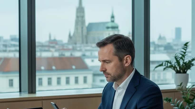 Österreichischer Geschäftsmann betrachtet besorgt sein Smartphone mit Cybersecurity-Warnung