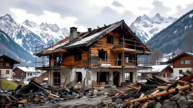 Expert en assurance évalue les dégâts d'incendie d'un chalet alpin en travaux dans les Alpes glaronaises
