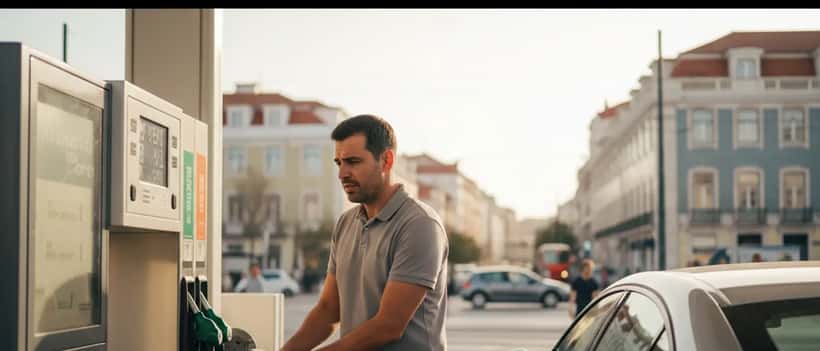 Condutor português a abastecer o carro num posto de gasolina em Lisboa