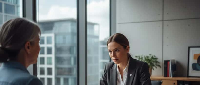 UK female family law solicitor listening to a client in a professional office setting