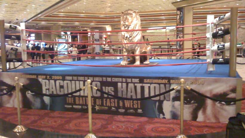 Pre-fight ring inside MGM Grand Garden Arena in Las Vegas, illustrative of combat sports event setup