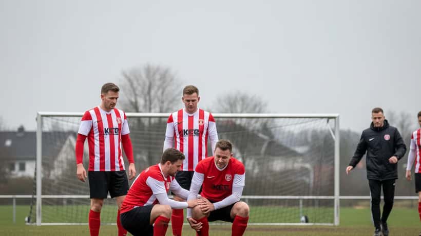 Junger Amateur-Fußballer hält sein verletztes Knie auf einem Frühjahrsrasen