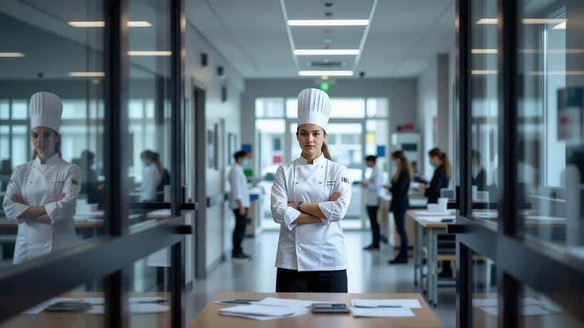 Étudiant en tenue de cuisinier face à la porte du directeur d'une école culinaire, illustration des violences en milieu scolaire