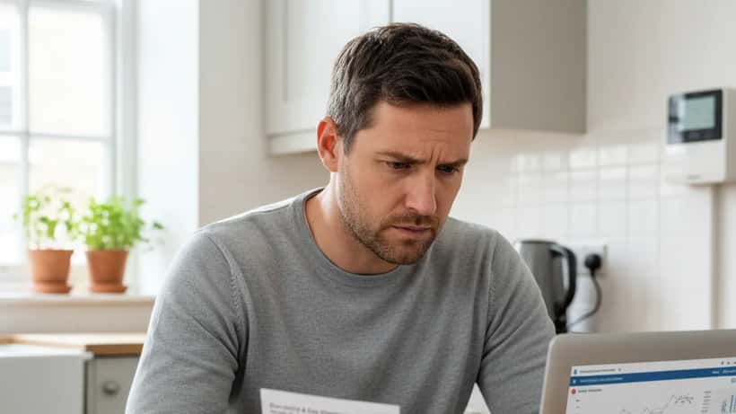 Man reviewing energy bill on laptop at kitchen table in British home