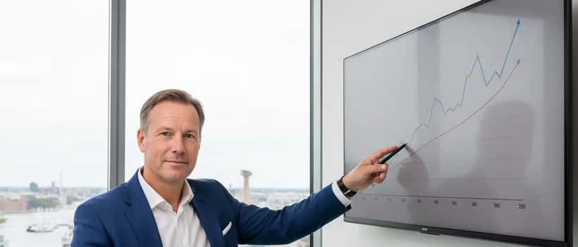 Dansk finansiel rådgiver peger på et porteføljediagram på skærm i moderne Københavns kontor