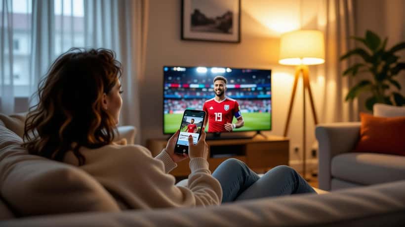 Pessoa em casa a olhar preocupada para um vídeo falso de investimento com um futebolista no smartphone