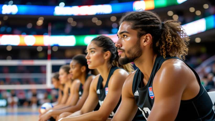 Jogador de vôlei concentrado no banco de reservas durante a VNL 2026
