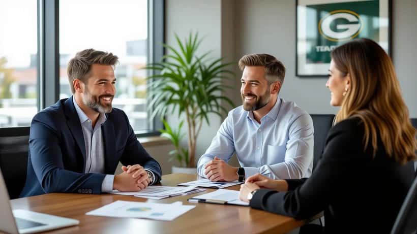 NFL veteran and financial advisor reviewing contract documents in Green Bay office