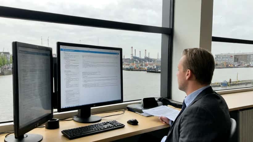 Nederlandse IT-consultant bestudeert waterstofsubsidie-documenten op kantoor in Amsterdam