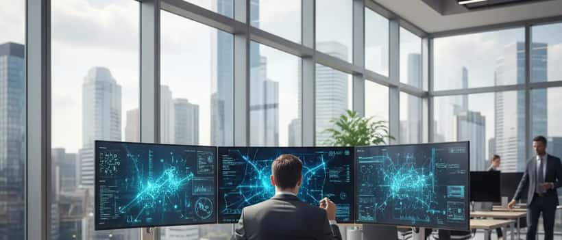British professional reviewing AI dashboards in modern London office
