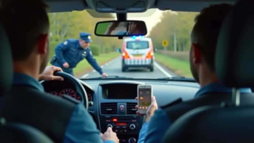 Gendarme contrôlant un conducteur en infraction pour usage du téléphone au volant sur une route française