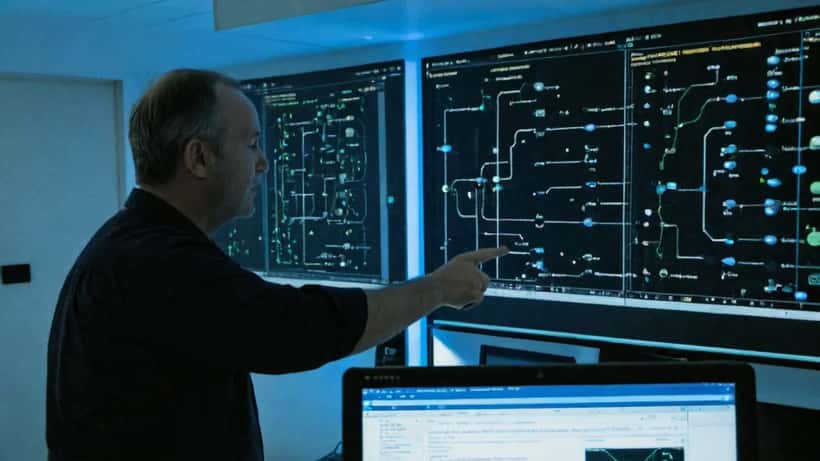 Consultant IT analysant des diagrammes de circuits quantiques sur un écran dans un bureau moderne à Zurich