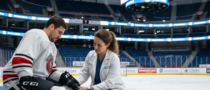 Ice hockey player being examined by a sports medicine doctor at a rink