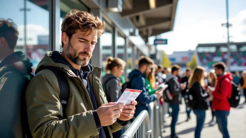 Fan tenant un billet de football devant l'entrée d'un stade à Dublin, regardant son téléphone avec inquiétude