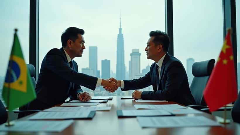 Executivos brasileiro e chinês em reunião de negócios com bandeiras dos dois países ao fundo