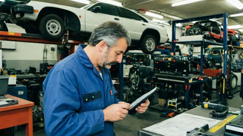 Mécanicien en atelier consultant un diagnostic OBD-II et une facture de réparation automobile