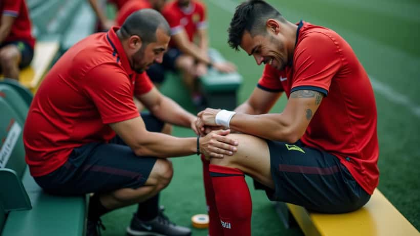 Jogador de futebol sentado no banco do estádio com lesão muscular na coxa