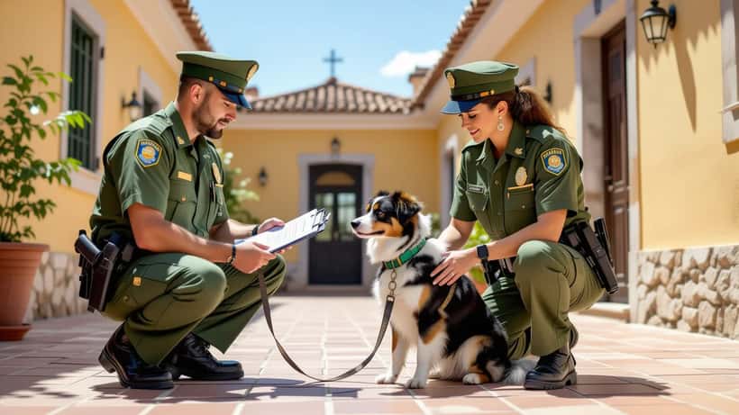 Agente da GNR SEPNA a examinar cão de companhia durante fiscalização de bem-estar animal em Portugal