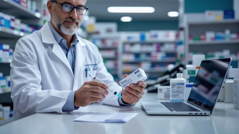 Apotheker toont GLP-1 afslankmedicatie in een Nederlandse apotheek, met zorgverzekeringspas en recept op de toonbank
