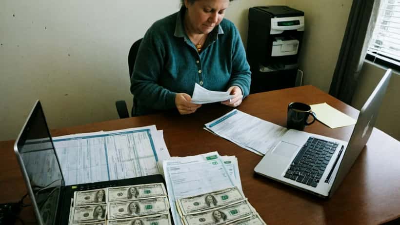 Canadian woman reviewing CRA tax documents beside a laptop open to a GoFundMe donation page