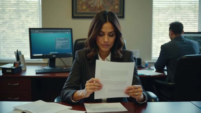 Actriz leyendo una carta de cancelación de contrato en una oficina de producción de Los Ángeles