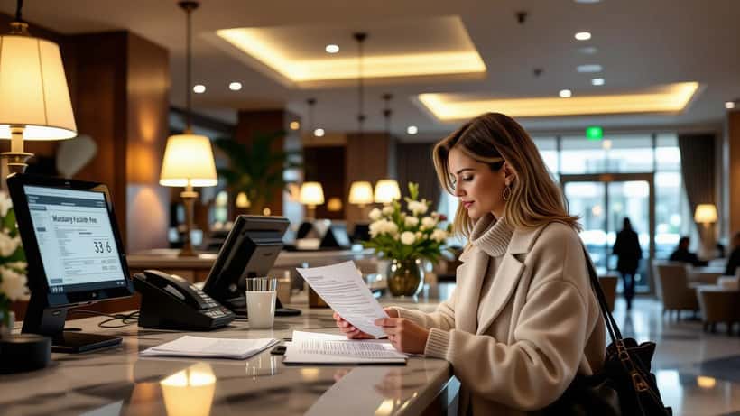UK hotel guest reviewing itemised receipt at reception desk showing hidden mandatory facility charges