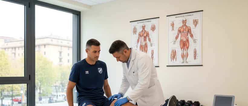 Medico sportivo esamina la coscia di un atleta italiano su un lettino fisioterapico in una clinica di Milano