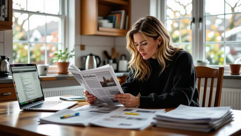 Worried British woman reading a tabloid newspaper at her kitchen table beside a laptop