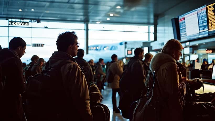 Sala de espera en aeropuerto estadounidense con tableros de salida mostrando vuelos cancelados y retrasados