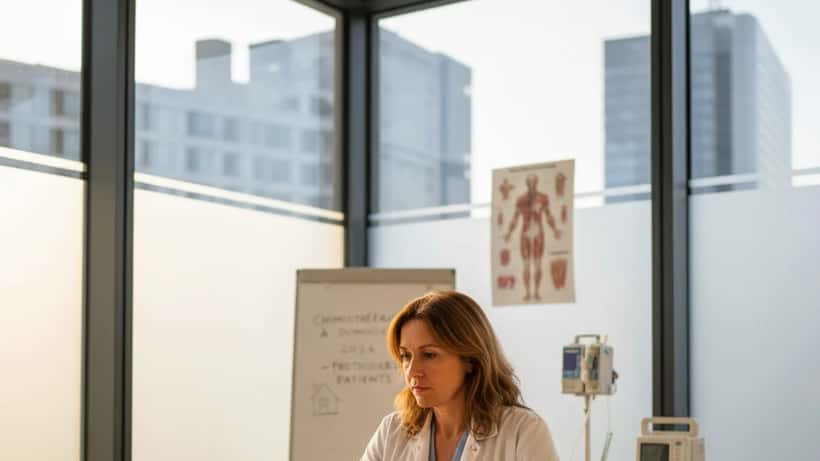Médecin généraliste en consultation dans un cabinet à Lyon, lumière naturelle, atmosphère professionnelle
