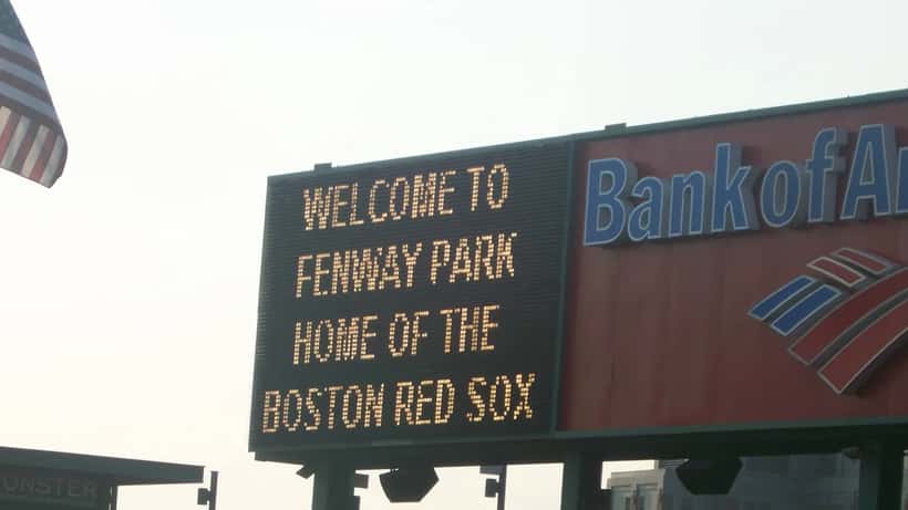 Fenway Park scoreboard displaying Welcome to Fenway home of the Boston Red Sox