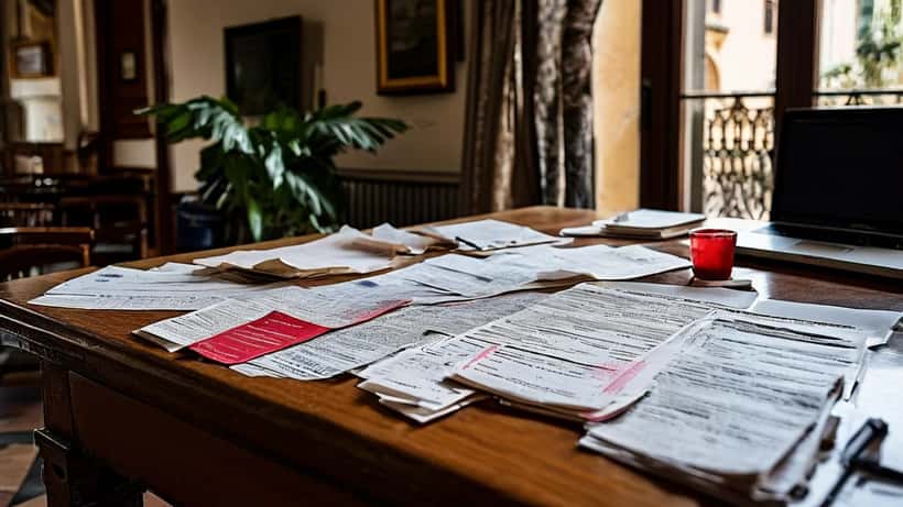 Documenti di investimento fraudolento con timbro di sequestro patrimoniale su scrivania di un tribunale romano