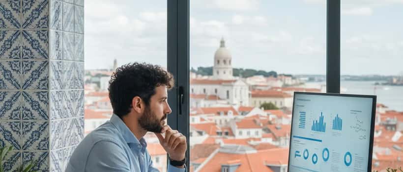 Consultor de IT português a trabalhar num portátil num escritório moderno em Lisboa