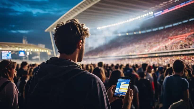 Concert-goer checking Ticketmaster booking fees on mobile phone outside an Australian stadium