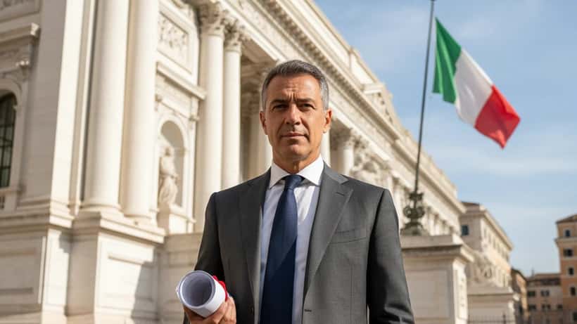Avvocato italiano davanti alla facciata di un tribunale neoclassico a Roma con documenti legali